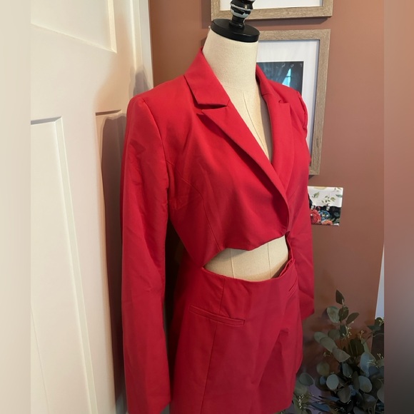 Zara Hot Pink Cutout mini shoulder pads M asymmetrical lined Blazer/skirt dress - Picture 5 of 15
